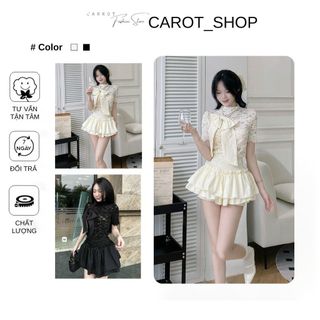  VN09   BIGSIZE S =>3XL - KÈM NƠ RỜI   Set áo ren nhung đính nơ rời phối chân váy tầng sang chảnh by Carotsho 