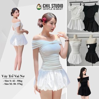 [Hà Nội-Sẵn Hàng] Váy Trễ Vai Nơ Thun Giấy Nhúm Phối Vải Thô Gió Nhăn Dáng Bom Có Lót Quần, đầm nữ 2 Màu mẫu mới SiêuĐep