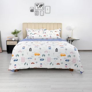 Bộ 4 món ga, áo gối cotton Jun Store không kèm mền màu trắng xe hơi cho bé dễ thương