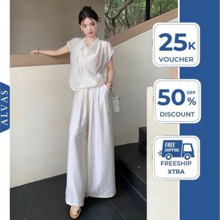 Set áo kiểu nữ ALVAS phối quần ống rộng phong cách Hàn Quốc