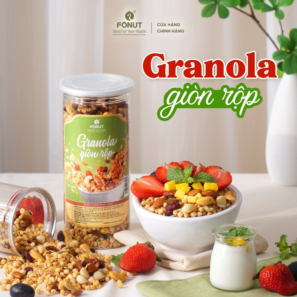 Granola Giòn Rộp siêu hạt nhiều macca FONUT hũ 500g granola siêu hạt cho người ăn kiêng, mẹ bầu