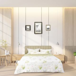 Bộ 4 món ga, áo gối cotton Jun Store không kèm mền màu trắng kem họa tiết hoa lá chữ dễ thương