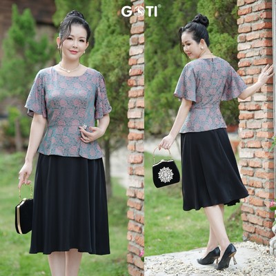 GOTI Đầm Xoè Gấm Hoa Phối Chân Váy Lụa Mềm Mịn Tay Cánh Tiên Quý Phái Tặng Mẹ Bigsize 46-73kg 3400