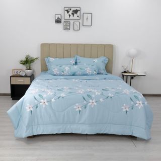 Bộ 4 món ga, áo gối Cotton Jun Store không kèm mền mà xanh họa tiết hoa lá mát mắt