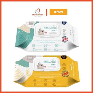 Khăn ướt cho bé K-Mom vân nổi có nắp 100c, khăn giấy 100% cotton ướt siêu mềm - Monnie Kids