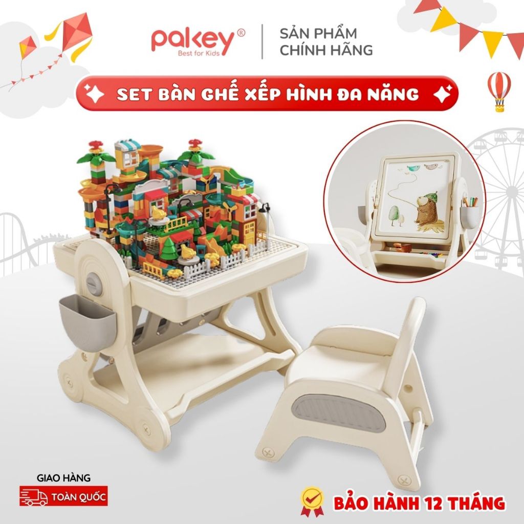 Bộ Bàn Ghế Lego Đa Năng Pakey, Set Bàn Chơi Xếp Hình Kèm 400 Chi Tiết Lego, Bàn Học, Bảng Vẽ Tiện Lợi Cho Bé