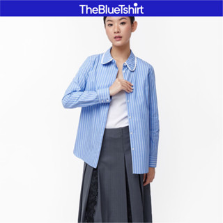 TheBlueTshirt - Áo sơ mi cổ trụ nữ - The Collar Shirt - CCR Blue Stripe