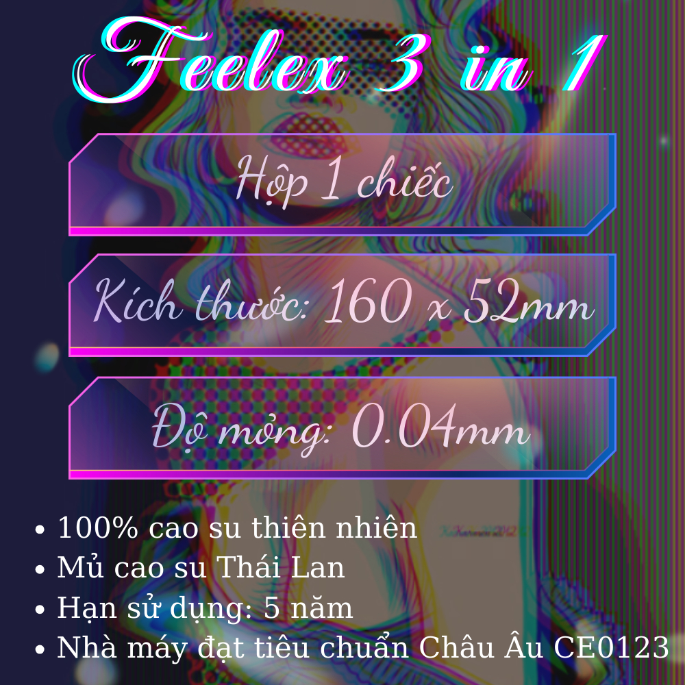 Bao cao su Feelex 3in1 gân gai, nhiều gel bôi trơn - hộp 01bcs