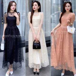 C937 leoswearing đầm 2s ren xòe dài mix áo khoác