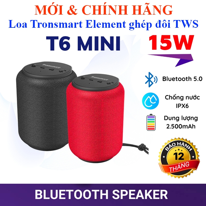 Loa Bluetooth 5.0 Tronsmart Element T6 Mini 15W, Chống nước IPX6, công nghệ TWS ghép đôi 2 loa Pin 2