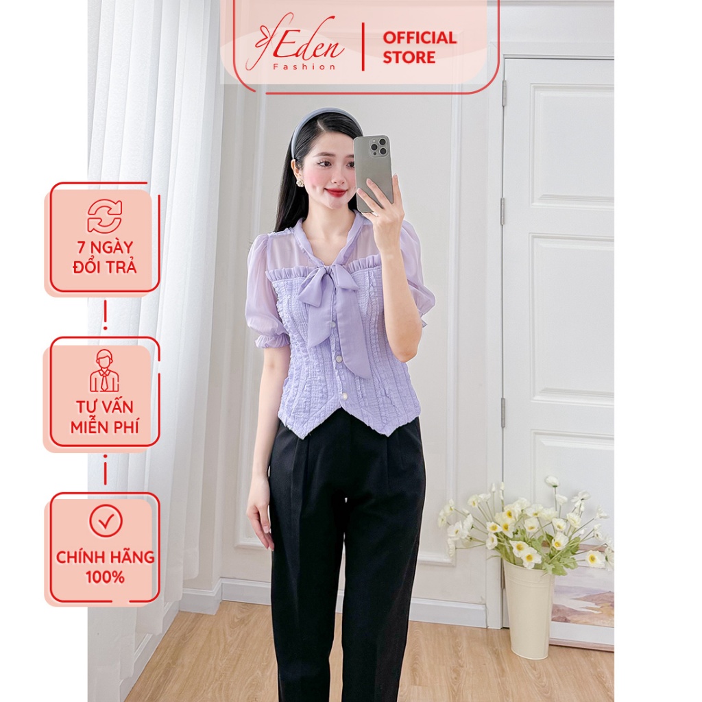 Áo kiểu nữ dáng ngắn cổ nơ phối voan thời trang Eden - ASM245