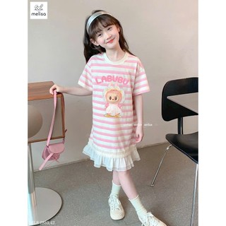 Váy labubu kẻ hồng phối chân ren cho bé gái ảnh thật