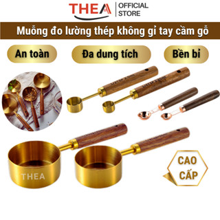 Bộ muỗng đong ml, thìa định lượng đo lường inox cao cấp pha chế gia vị, café, sữa tay cầm cán gỗ – THEA