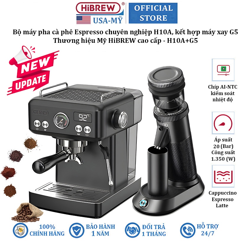 Máy pha cà phê Espresso H10A và máy xay cà phê thương hiệu HiBREW cao cấp - Bảo Hành 12 Tháng