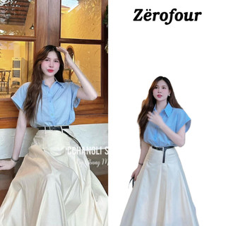 Set đồ nữ áo sơ mi kèm chân váy, set 3 món áo sơ mi ngắn tay phối chân váy xoè kèm thắt lưng siêu basic ZEROFOUR