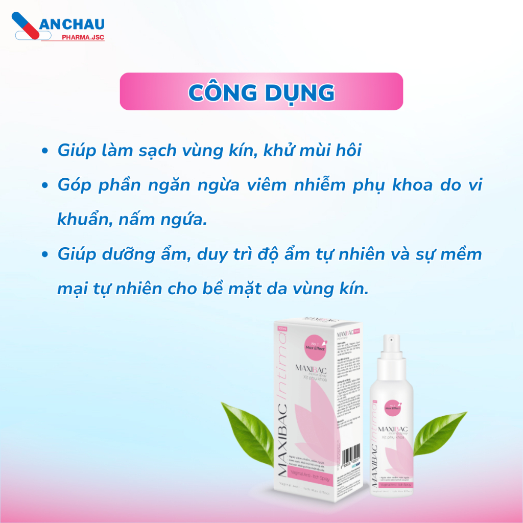 Dưỡng ẩm phụ khoa An Châu Maxibac Intima giúp khử mùi dưỡng ẩm mềm mịn da dạng xịt- Lọ 100ml