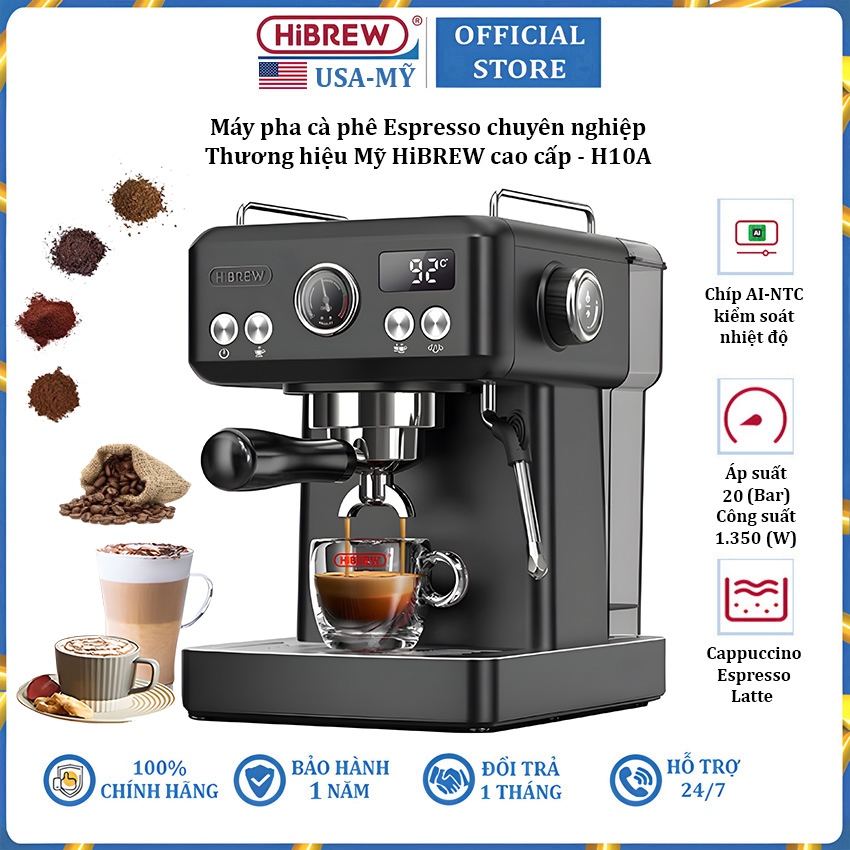 Máy pha cà phê Espresso chuyên nghiệp thương hiệu Mỹ HiBREW H10A - Công suất 1350W - Áp suất 20bar (