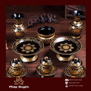 Đồ Thờ Cúng Gốm Sứ Nhập Khẩu Cao Cấp Màu Đen Hoa Sen Vàng gồm Bát hương, ly nước, đĩa thờ, lọ hoa, đèn dầu...