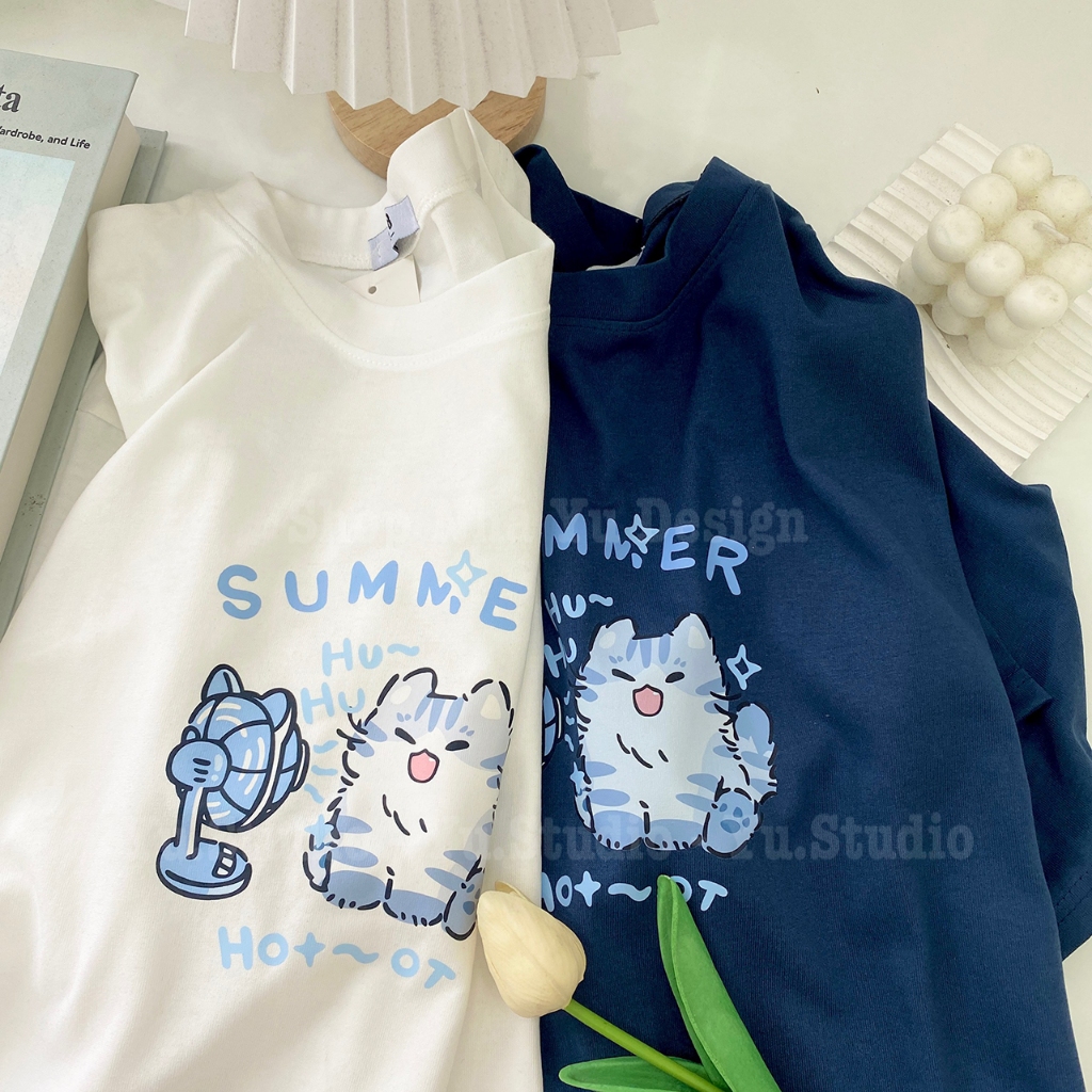 Áo thun 3158 YUSTUDIO form rộng chất cotton khô mẫu Mèo Xanh Summer