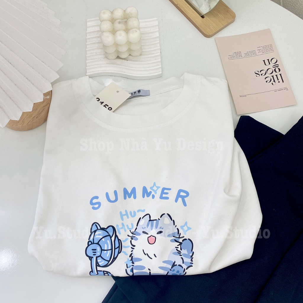 Áo thun 3158CLASSIC form rộng chất cotton khô mẫu Mèo xanh Summer