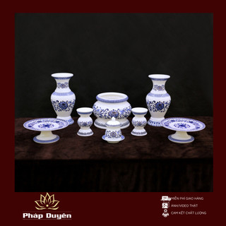 Đồ Thờ Cúng Gia Tiên Bằng Sứ Cao Cấp Trắng Hoa Sen Xanh gồm Bát hương, ly nước, đĩa thờ, lọ hoa, đèn dầu...