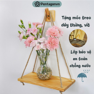 Kệ gỗ decor treo tường Pentagon ngoài trời phong cách vintage treo dây thừng bề mặt láng mịn màu sắc tươi sáng