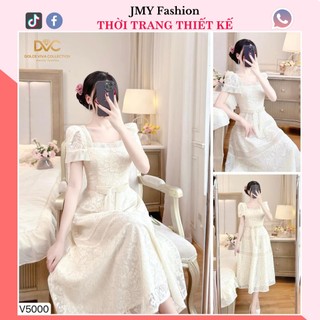 V5000 Váy đầm ren kem dáng xòe nơ eo tay bồng tiểu thư [Dolce Viva Colection (DVC)] váy ren hoa cổ vuông xòe dài nữ tính