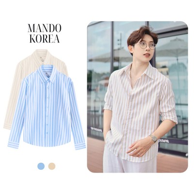 Áo Sơ Mi Kẻ Sọc Oxford Nâu Kèm Khăn MANDO Phong Cách Hàn Quốc Unisex Form Rộng Dài Tay - SHT036