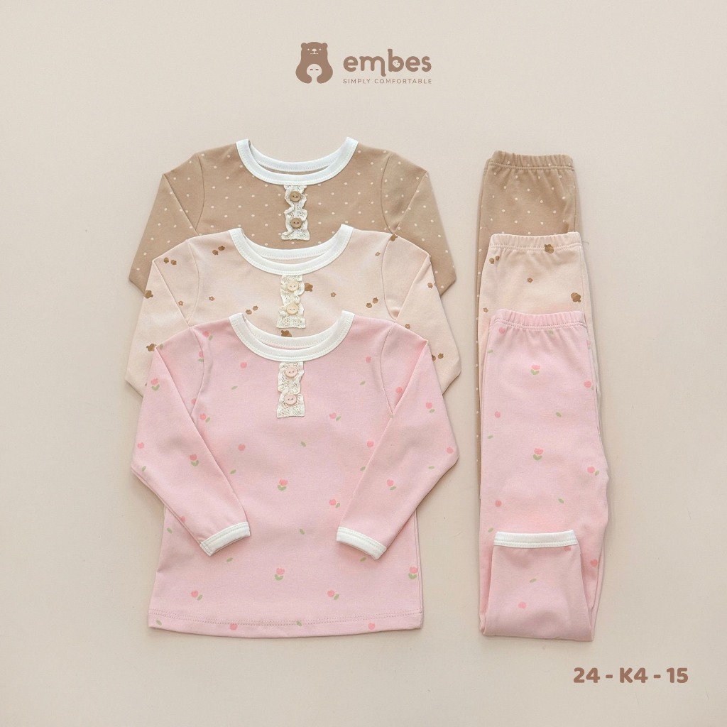 Bộ dài tay phối viền bèo hai khuy Embes cho bé gái thu đông