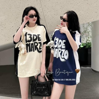 [Siêu Cấp] Áo phông DeMarzo cài gấu dáng rộng giấu quần, Áo phông đính gấu nổi màu kem/xanh