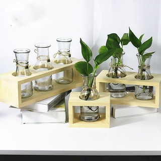 Kệ gỗ đựng lọ cắm hoa thuỷ tinh trang trí để bàn xinh xắn / lọ cắm hoa kèm khung gỗ
