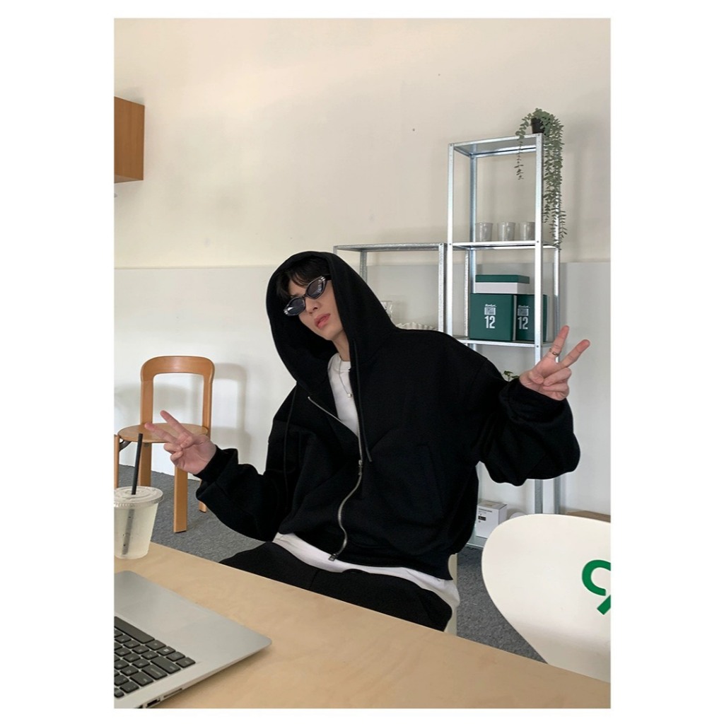 Hoodie Zip Form Boxy GODMOTHER Nỉ 2 Da Khóa 2 Đầu Chống Nắng Unisex Phong Cách Hàn Quốc Đen - Xám | BigBuy360 - bigbuy360.vn
