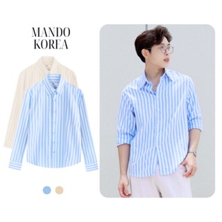 Áo Sơ Mi Kẻ Sọc Oxford Xanh Kèm Khăn MANDO Phong Cách Hàn Quốc Unisex Form Rộng Dài Tay - SHT036