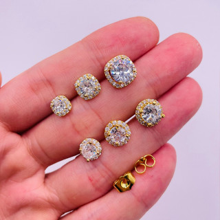 Bông tai titan vàng nụ phối viền vuông, tròn đính đá CZ, Hoa tai đính đá sang trọng, trangsucmoiluatuoi.RIN