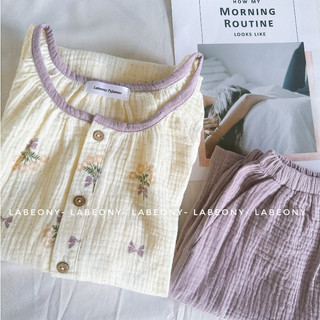 Đồ bộ nữ mặc nhà Pyjama Muslin bó hoa tím cổ tròn ngắn dài Labeony