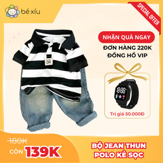 Bộ đồ bé trai set quần jean dài áo polo thun lạnh KẺ SỌC thoáng mát, dễ giặt, bền đẹp cho bé từ 8-26Kg by BÉ XÍU B109