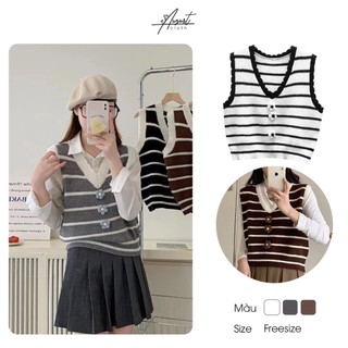 [Augustcloth] Áo len cộc tay cổ chữ V sọc ngang đính hoa nổi