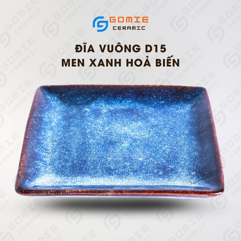 Đĩa Vuông D15 Men Xanh Hoả Biến - Khay Vuông D15 Men Xanh Hoả Biến