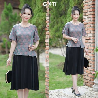 GOTI Quà Tặng Mẹ BigSize Đầm Xoè Dự Tiệc Trung Niên Gấm Hoa Phối Chân Váy Lụa Sang Trọng 3407