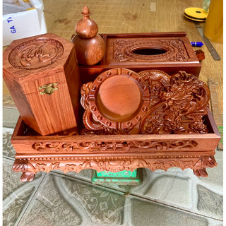  Combo đồ gỗ mỹ nghệ khay trà chân quỳ hộp đựng khăn giấy 3 ngăn lọ tăm hồ lô hộp đựng trà khô chất liệu gỗ hương đá 