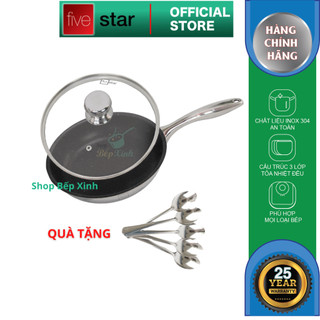 Chảo chống dính vân đá 3 lớp đáy liền inox 304 cao cấp Fivestar Plus có nắp kính  (22cm/24cm/26cm/28cm), tặng 5 muỗng ăn