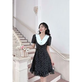 Đầm cổ ve karisa nhún bèo