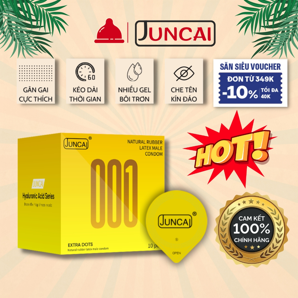 Bao cao su Juncai Extra Dot gân gai 3D cao cấp, kéo dài thời gian quan hệ, siêu mỏng nhiều gel bôi trơn - hộp 10 bcs
