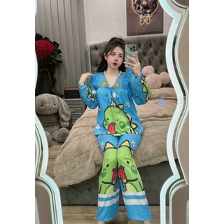 Đồ bộ pijama nữ lụa xước tay dài tiểu thư cổ v từ 55 đến 60kg