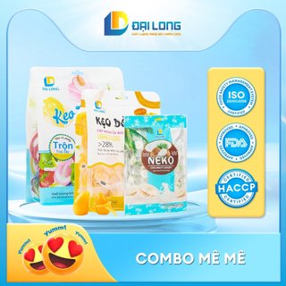 COMBO MÊ MÊ gồm 3 kẹo Đại Long: kẹo xoài bóc vỏ, thạch mochi và kẹo viên nén gáo dừa