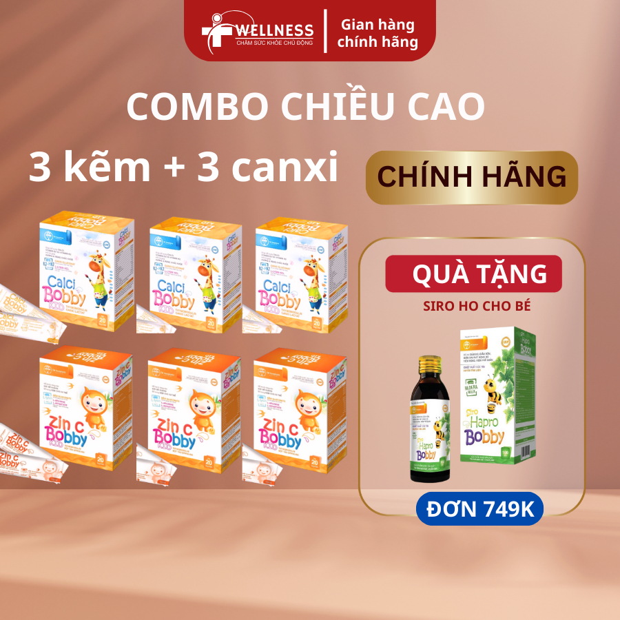 COMBO Cao: 3 Canxi hữu cơ cho bé CANXI BOBBY TW và 3 Kẽm ZIN C BOBBY KID TW Hanopharco