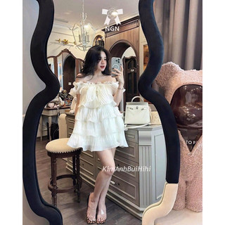 Đầm trễvai nơ voan sang chảnh