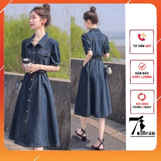 Đầm jean dáng suông dài, váy bò nữ thiết kế xòe thắt eo thanh lịch màu xanh bò đậm, chất vải jean mềm và dày dặn V180