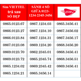 Sim Viettel Trả Sau Số Đẹp sim sảnh 4 số giữa dễ nhớ, 0123, 1234, 2345, 3456