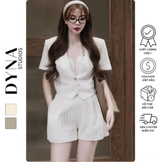 Set áo vest kẻ sọc cổ V xẻ sâu 𝐀𝐒𝐇𝐘𝐋𝐄𝐘 kèm quần sooc ton-sur-ton